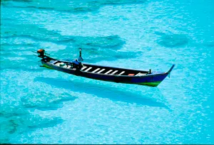 Tropical island beach with outrigger canoe on water.