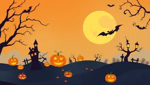 Cartoon Halloween scene with pumpkin and cemetery