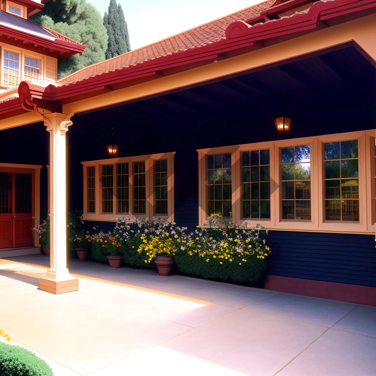 Picture of Modern suburban villa with brick exterior and sky