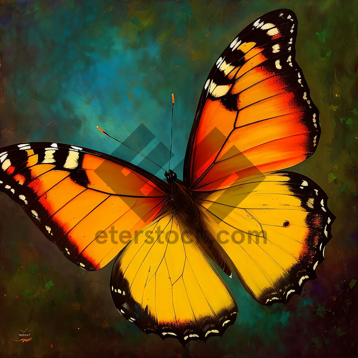 Picture of Colorful Butterfly With Orange and Yellow Wings flying in summer