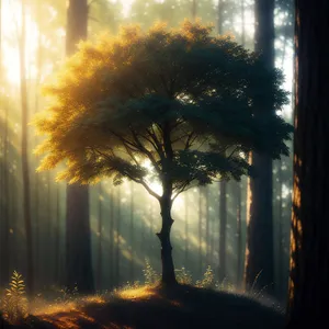 Autumn Glow: Sunrise over Foggy Forest Landscape