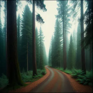 Misty Forest Path with Sunlight Filtering Through Trees