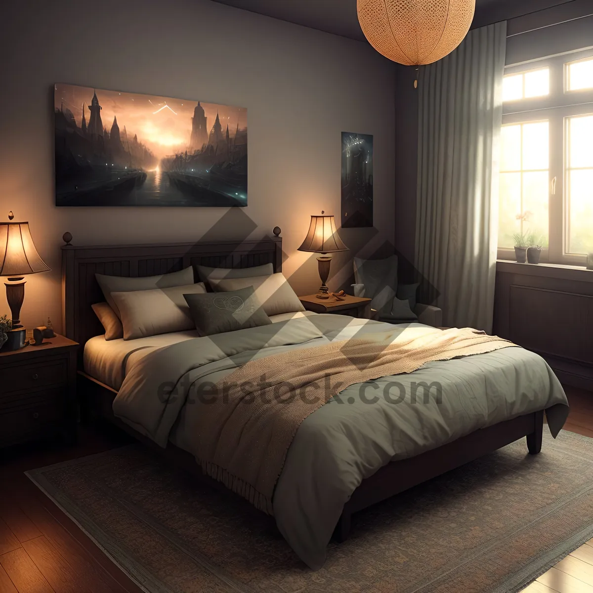 Picture of Modern Bedroom Interior with Comfortable Bed and Stylish Furniture