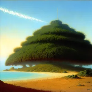 Idyllic Beachscape: Serene Ocean, Sand, and Umbrella