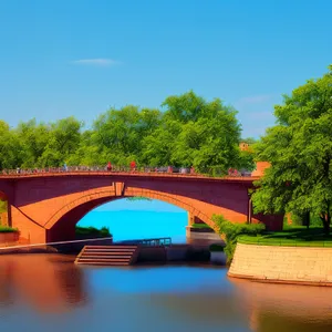 Cityscape Reflection: Steel Arch Bridge Over River