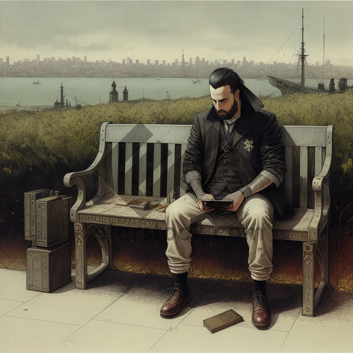 Picture of Man playing accordion on park bench