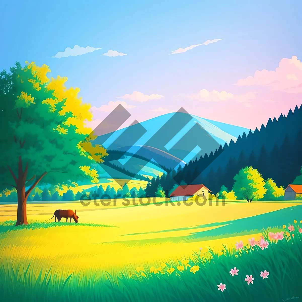 Picture of Serene Sunset over Meadow and Mountains