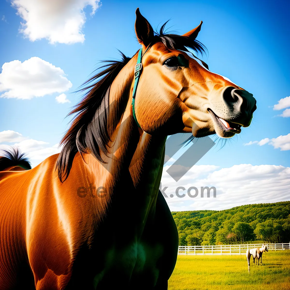 Picture of Majestic Thoroughbred Stallion Galloping Through Ranch Field