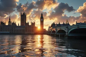 London skyline at night with river reflection