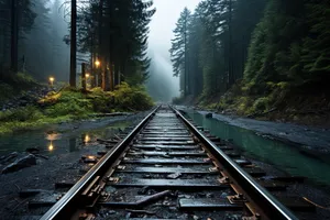 Rustic steel railway tracks in industrial landscape journey.