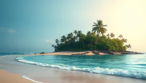 Tropical vacation paradise: Relaxing beach waves under sunny sky.