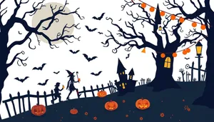 Halloween Night Silhouette Scene Illustration With Moon