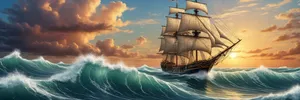 Pirate ship at sunset on the open sea.