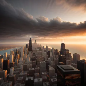 Urban Skyline at Sunset: Modern Cityscape with River Reflection