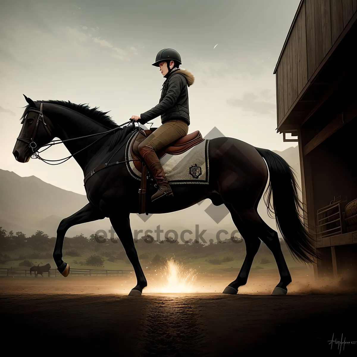 Picture of Brown Stallion in Saddle on Farm Field