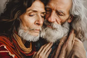 Happy elderly couple smiling together in retirement portrait.