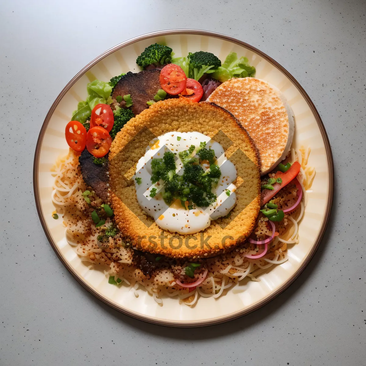 Picture of Gourmet meal with healthy vegetables and tomato sauce.
