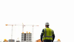 Professional worker at construction site in safety helmet.