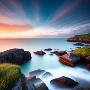 Serenity at the Tropical Coastline: Sunset Reflections on the Turquoise Ocean