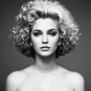 Stylish blond model with sensual makeup and curly hair.