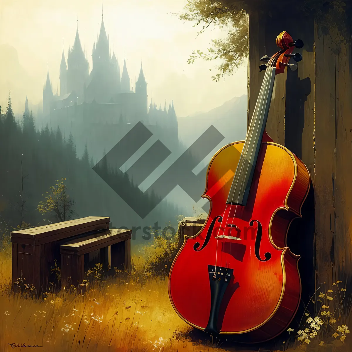 Picture of Melodic Strings: Cello, Violin, and Guitar in Harmony!