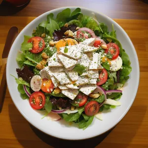 Delicious gourmet cheese plate with fresh vegetables salad.