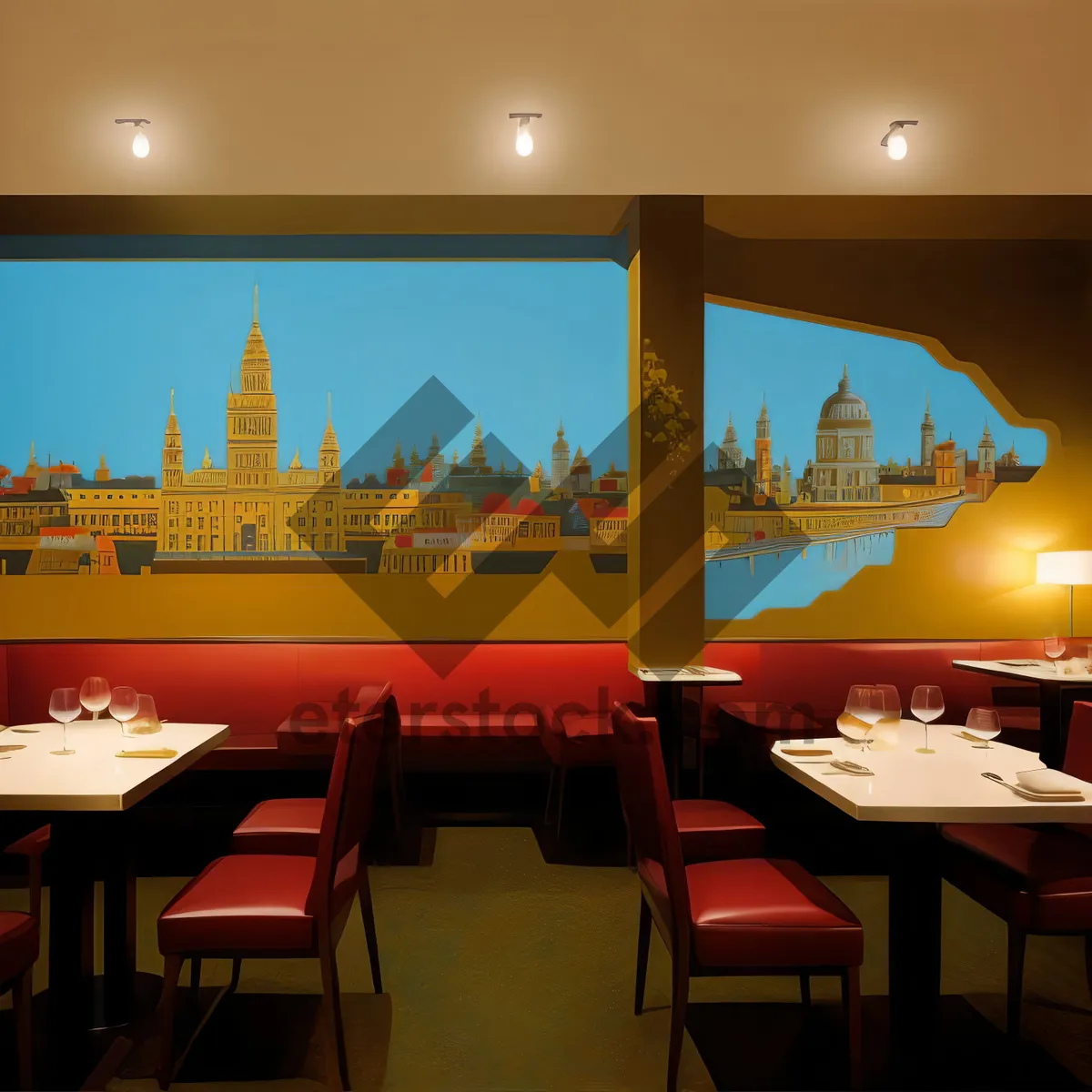 Picture of Modern restaurant interior design with wooden chairs and tables.