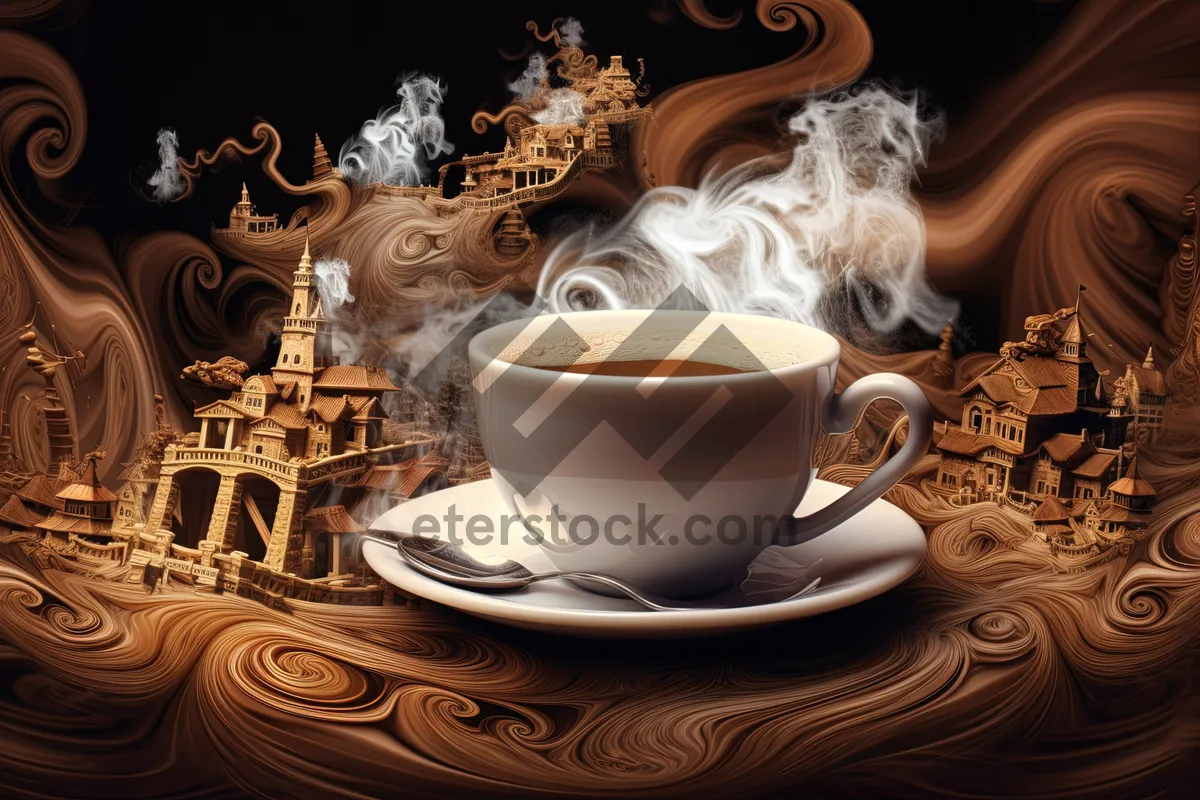 Picture of Morning coffee in black porcelain cup on tableware.