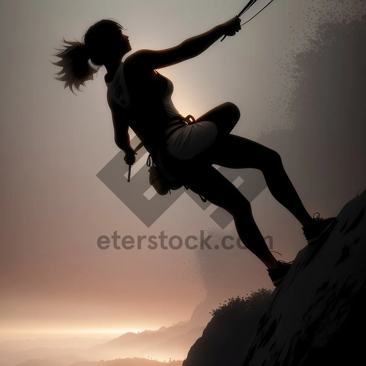 Picture of Silhouette of Happy Teenager Jumping Rope at Sunset