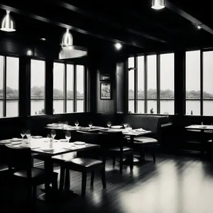 Modern interior design of luxury restaurant with wooden chairs