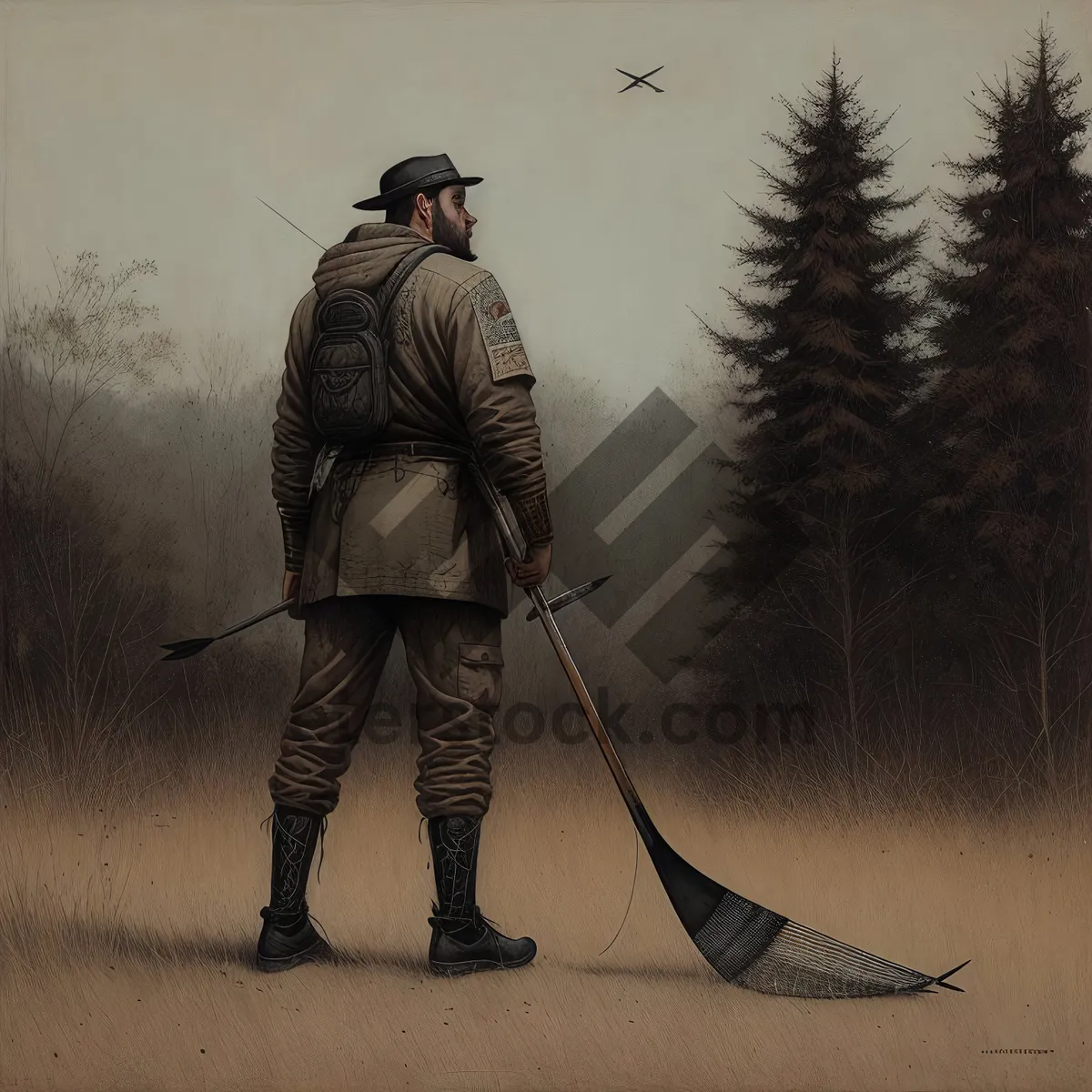 Picture of Male Archer Outdoors with Bow and Arrow