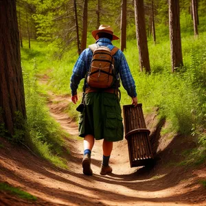 Man hiking through lush, green forest