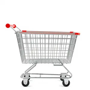 3D metal shopping cart with empty basket at supermarket.