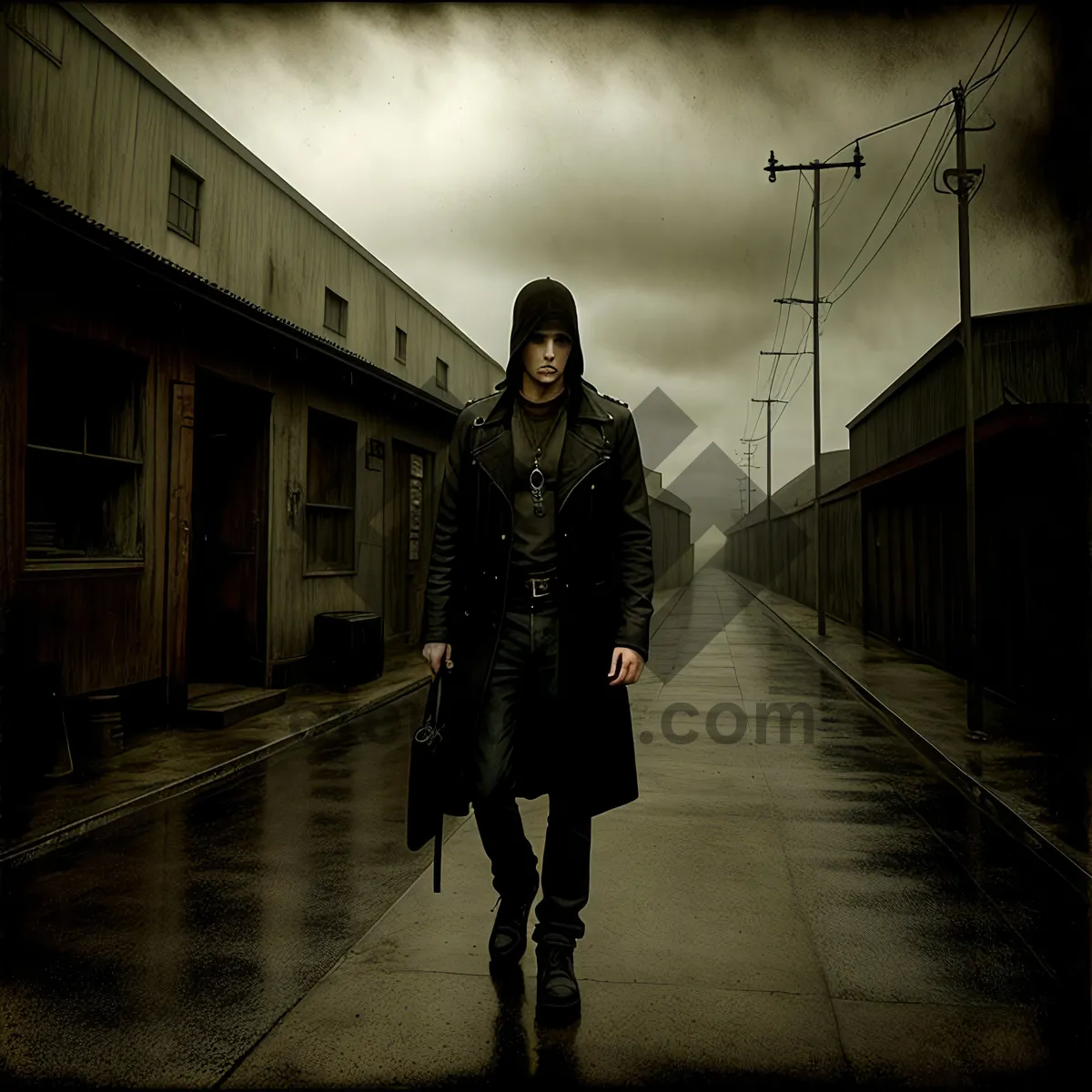 Picture of Urban Rainy Street: Man Walking in Trench Coat