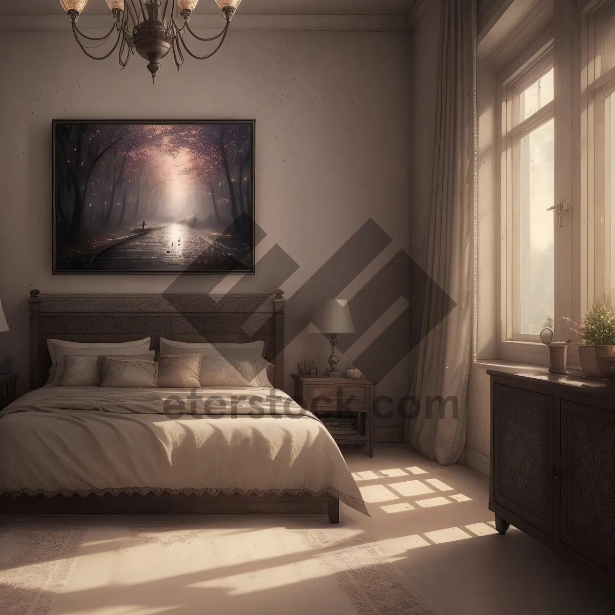 Picture of Modern Bedroom Interior with Comfortable Furniture and Cozy Lighting