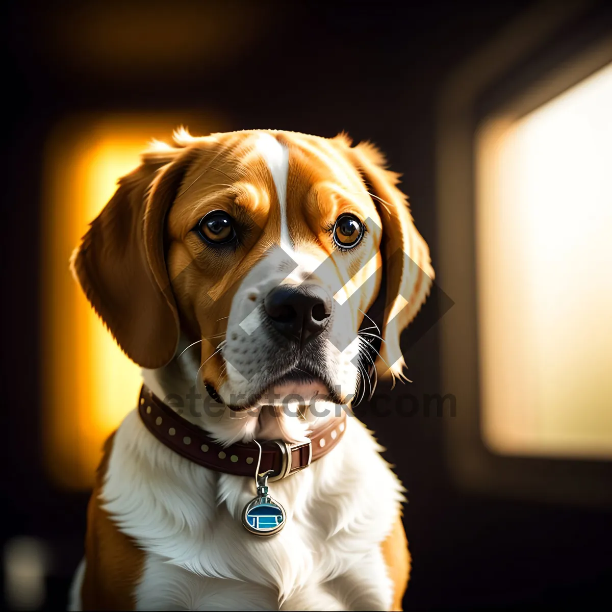 Picture of Adorable Boxer Puppy with Brown Collar Sitting and Looking