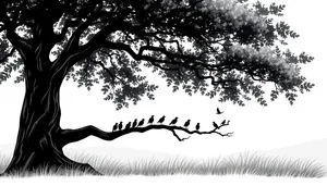 Black floral tree branch silhouette with spring leaves.