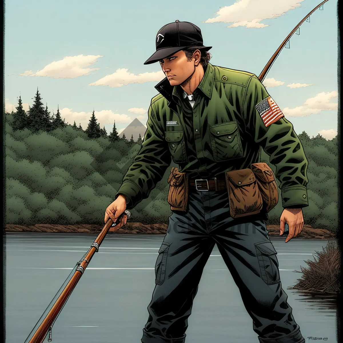 Picture of Outdoor Golfer Man with Fishing Rod