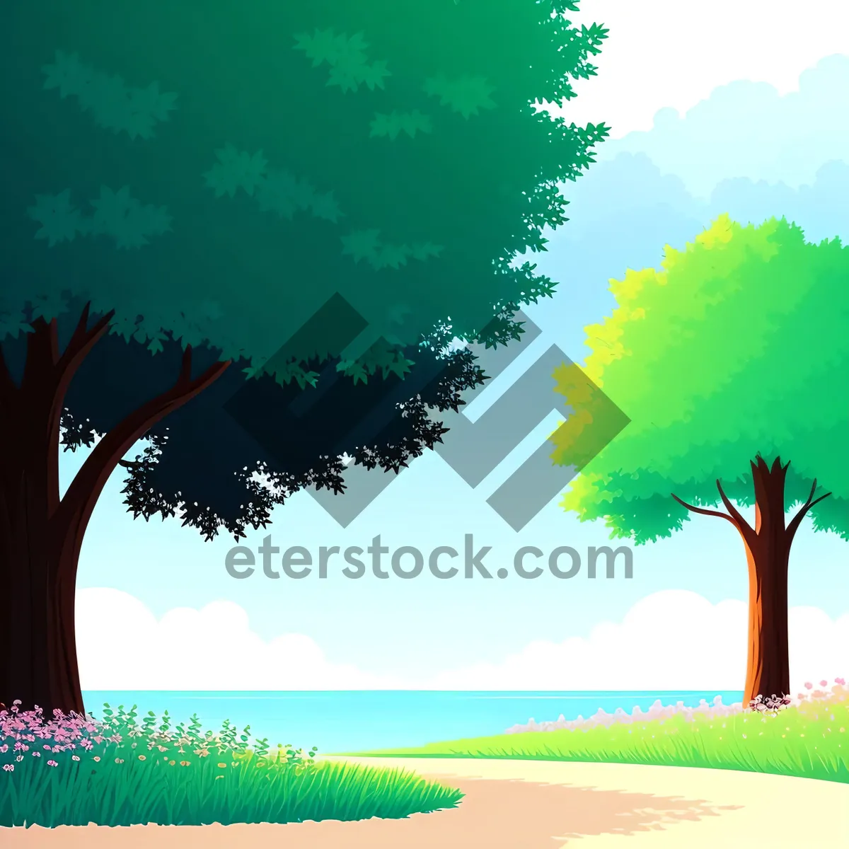 Picture of Summer Oak Tree Silhouette on Grassland