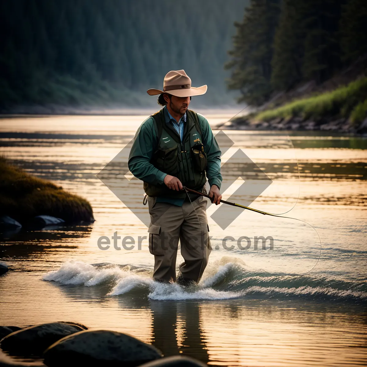 Picture of Silhouette Fisherman Gliding on Sunset Sea