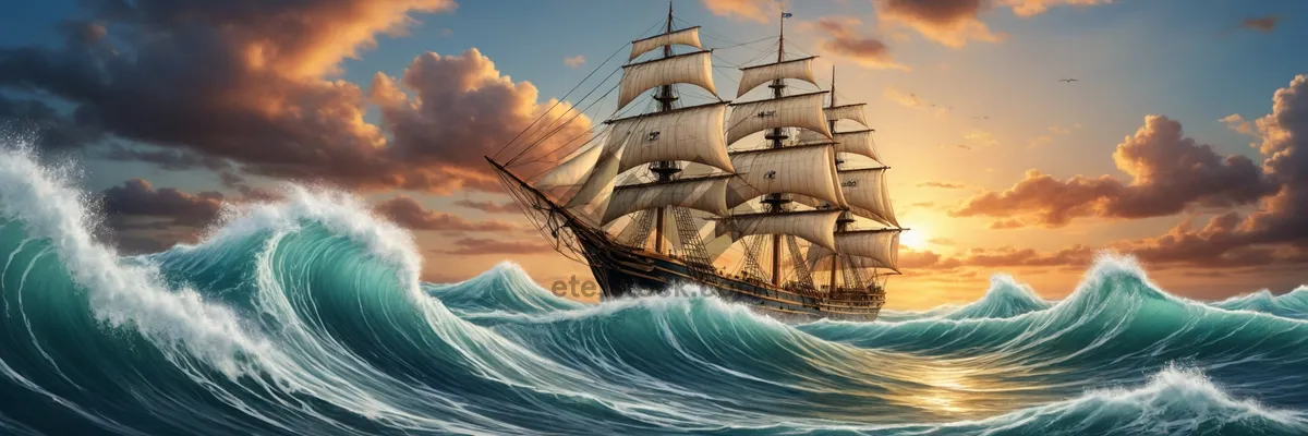 Picture of Pirate ship sailing at sunset on the ocean