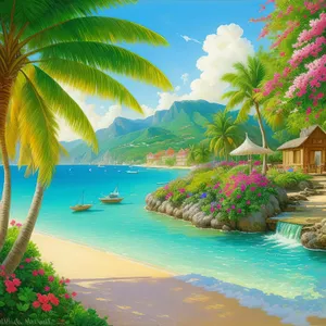 Tranquil Paradise: Coastline, Palm Trees, and Turquoise Waters