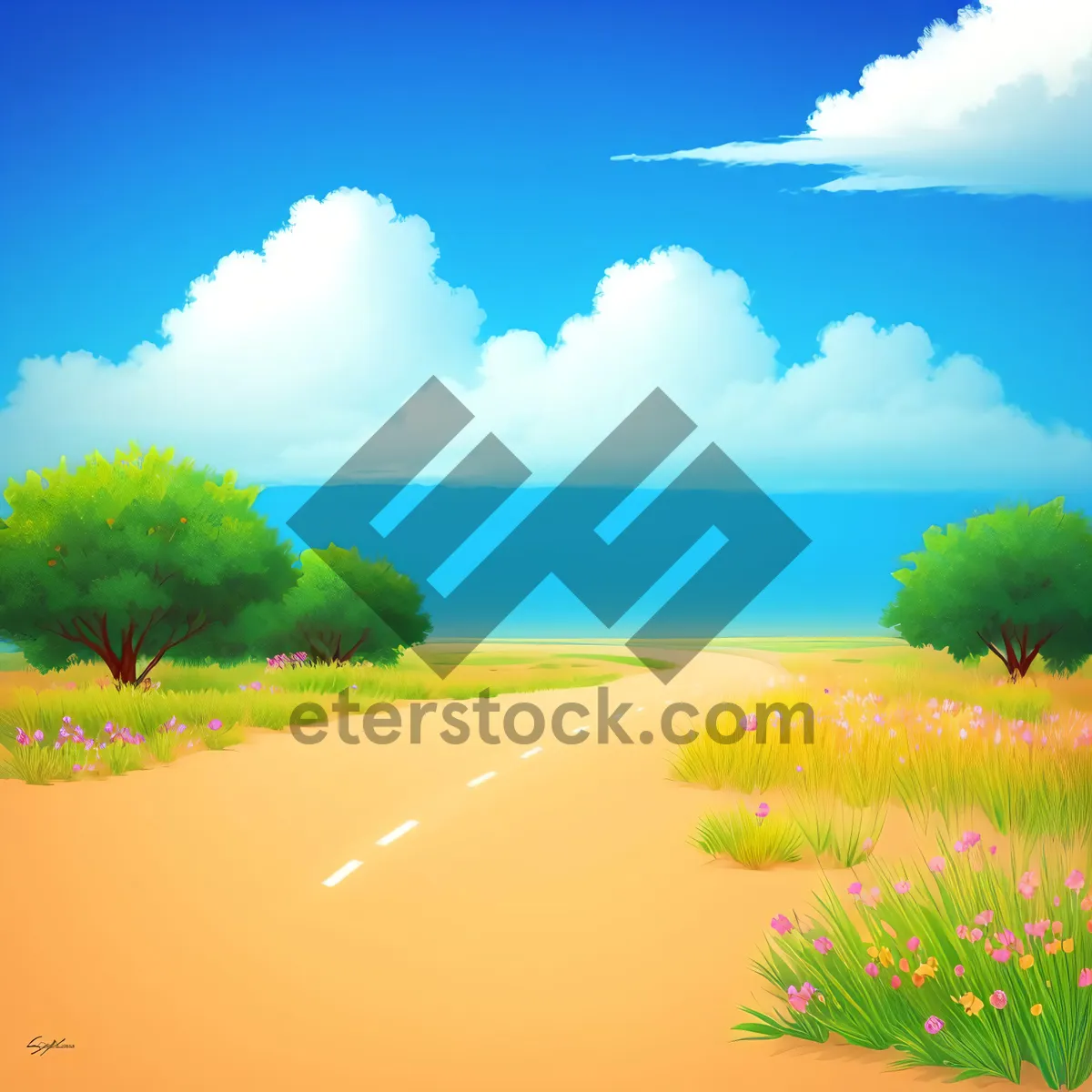 Picture of Vibrant Meadow Landscape Under Sunny Sky