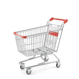 3D shopping cart in empty supermarket aisle