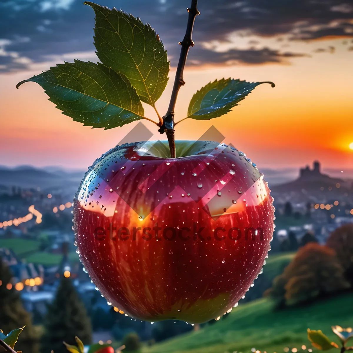 Picture of Juicy Red Delicious Apple with Leaf Sprig