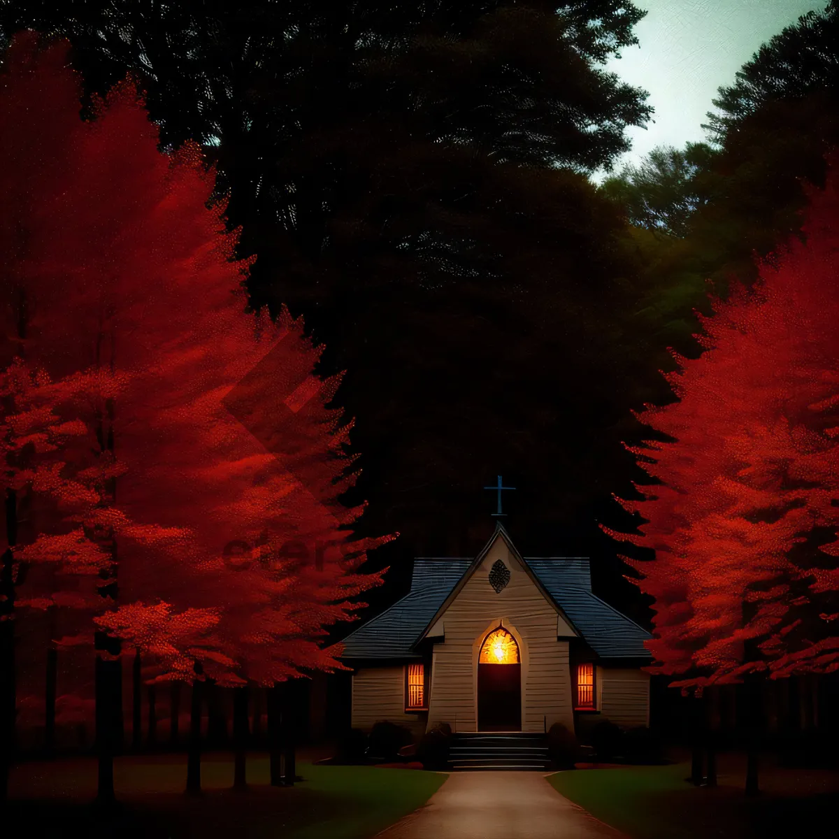 Picture of Serene Park Landscape with Majestic Trees and Sunlit Building