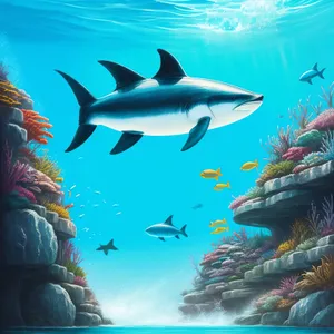 Underwater Tropical Reef with Hammerhead Shark
