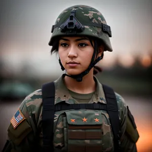 Happy soldier in military uniform with helmet and hat.