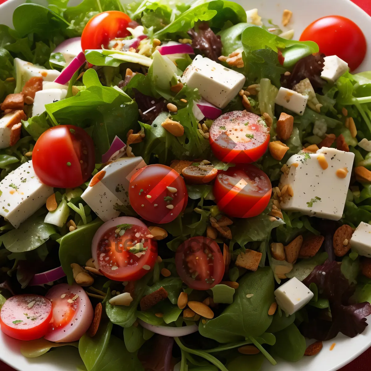 Picture of Fresh vegetable salad with ripe tomatoes and cucumbers.