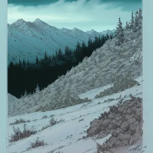 Snow-capped Alpine trees in winter landscape